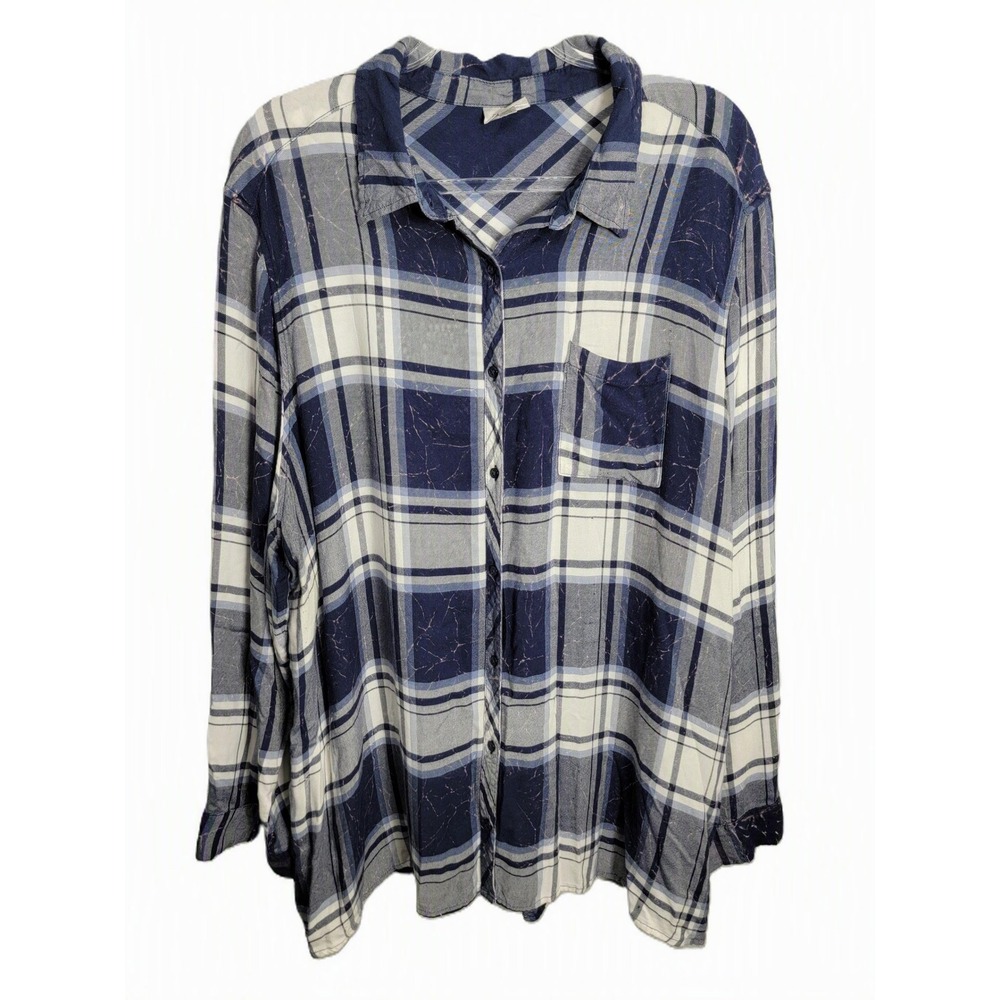 Avenue Womens 26/28 Button Down Shirt‎ Blue White Plaid Soft Rayon Long Sleeve